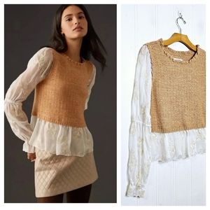 Anthropologie Tan Layered Sweater Vest with Floral Embroidery Cream Top …